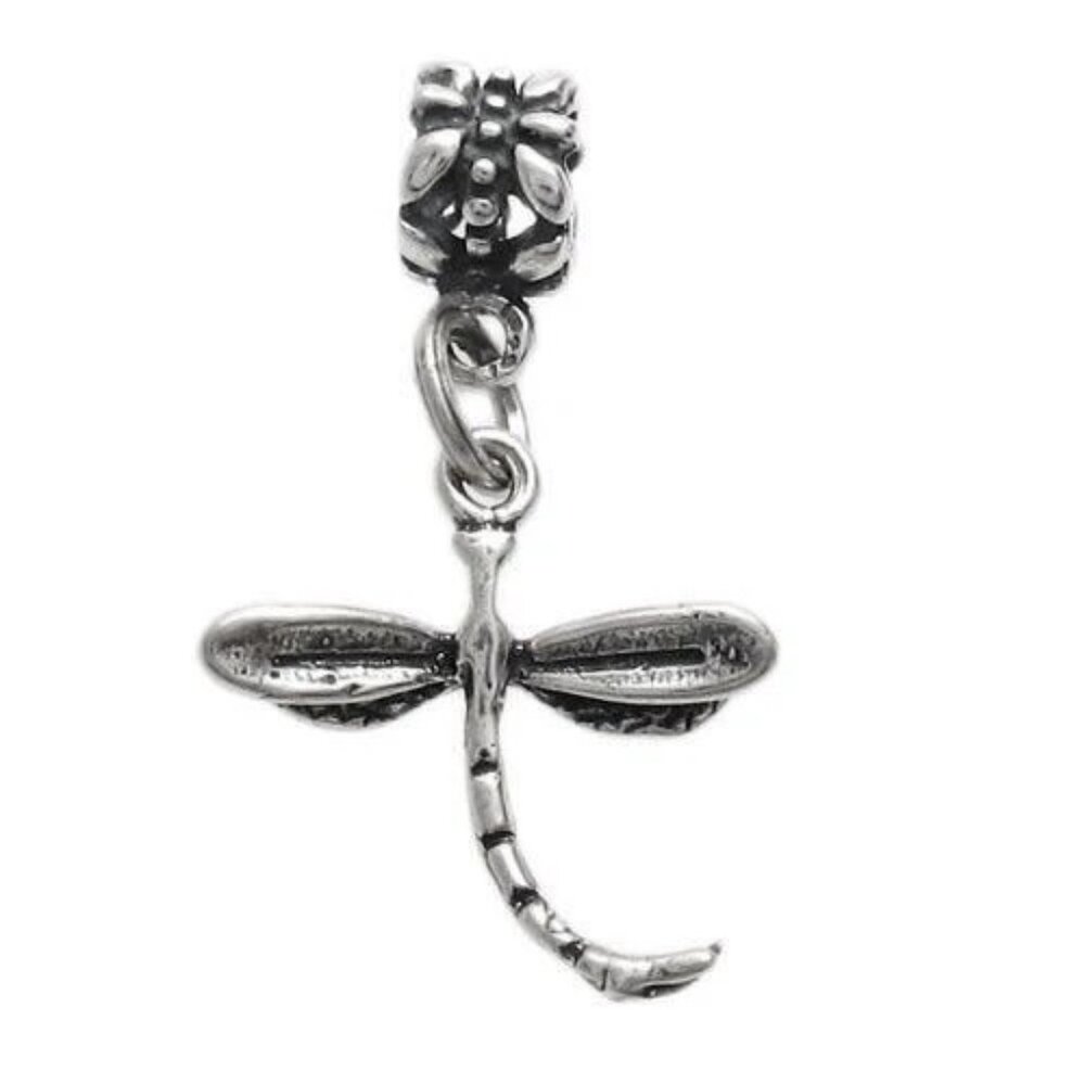 DRAGONFLY EURO BEAD CHARM IN 3D. STERLING SILVER.